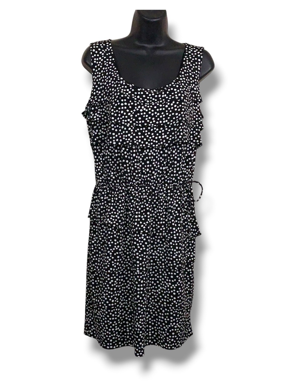 Large Danny And Nicole Black White Polka For Print Dress Tie Accent Stretch